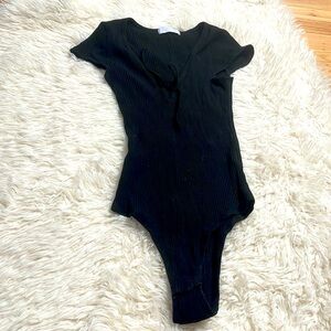 Black Ribbed Tie-Front Short Sleeve Bodysuit